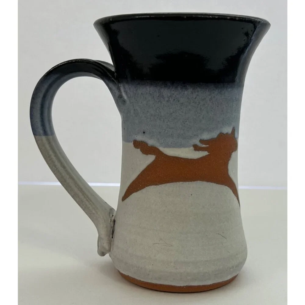Pottery Mug Cup Black Glaze Brown Horse Motif Farmhouse Western Cottagecore Boho - Picture 2 of 12